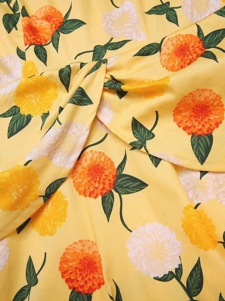 Yellow 1950s Hydrangea Floral Ruched Dress
