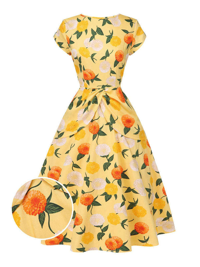 Yellow 1950s Hydrangea Floral Ruched Dress