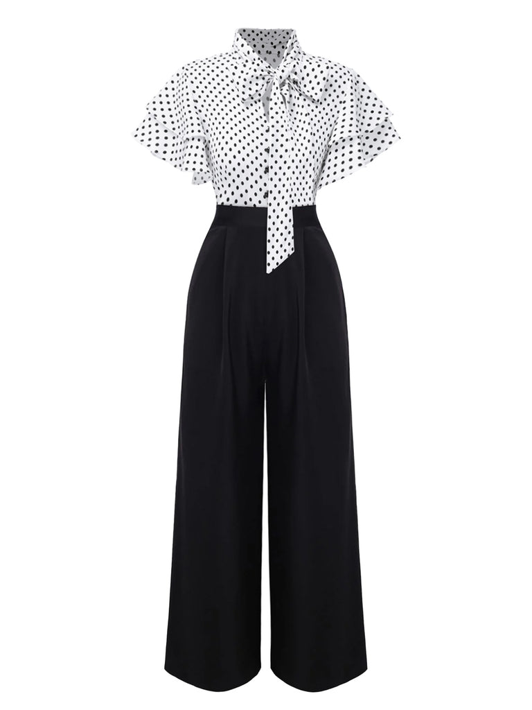 Black 1930s Polka Dots Tie-Neck Jumpsuit