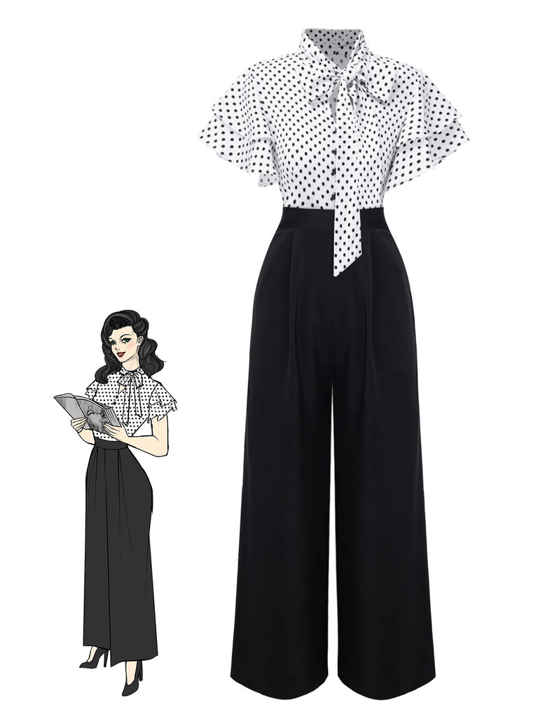Black 1930s Polka Dots Tie-Neck Jumpsuit