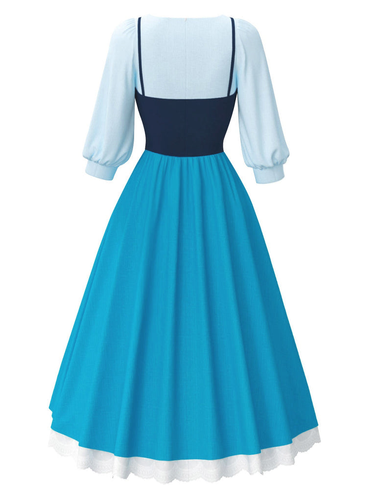 2PCS Blue 1940s Blouse & Colorblock Suspender Dress