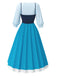 2PCS Blue 1940s Blouse & Colorblock Suspender Dress