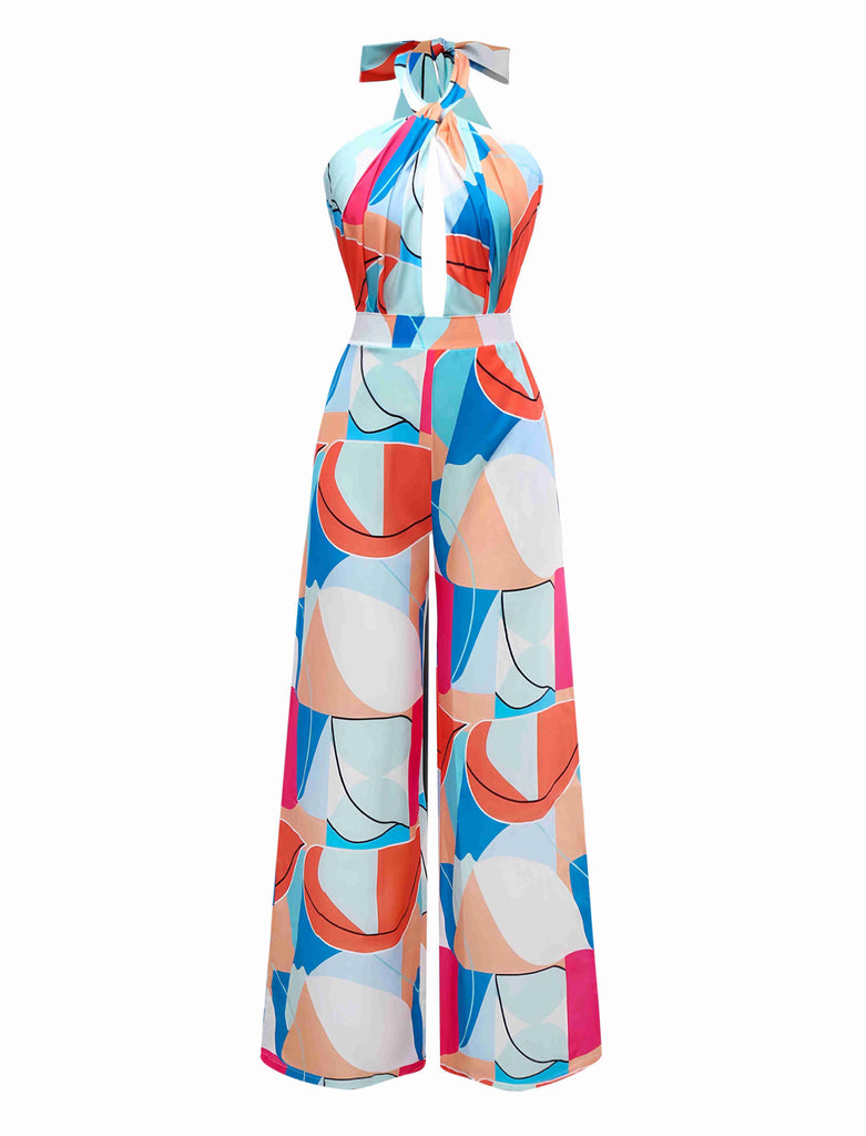 Multicolor 1960s Geometric Abstract Print Halter Jumpsuit