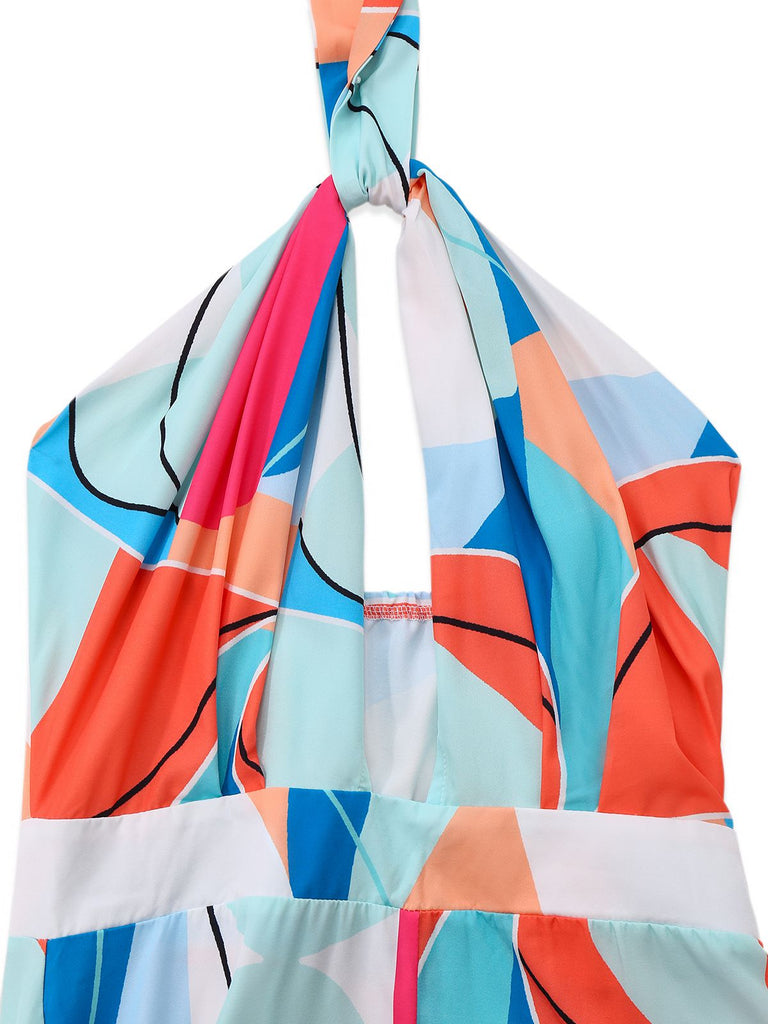 Multicolor 1960s Geometric Abstract Print Halter Jumpsuit