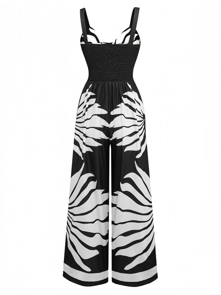 1930s Wide-Strap Hollow Twist Smocked Floral Jumpsuit