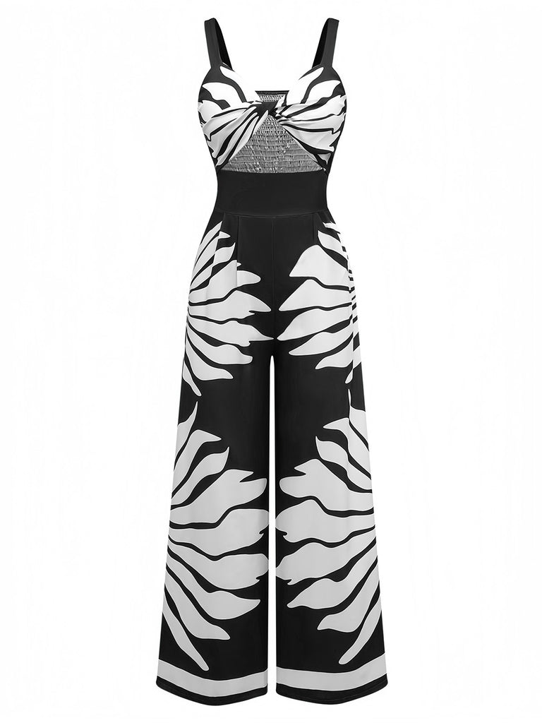 1930s Wide-Strap Hollow Twist Smocked Floral Jumpsuit