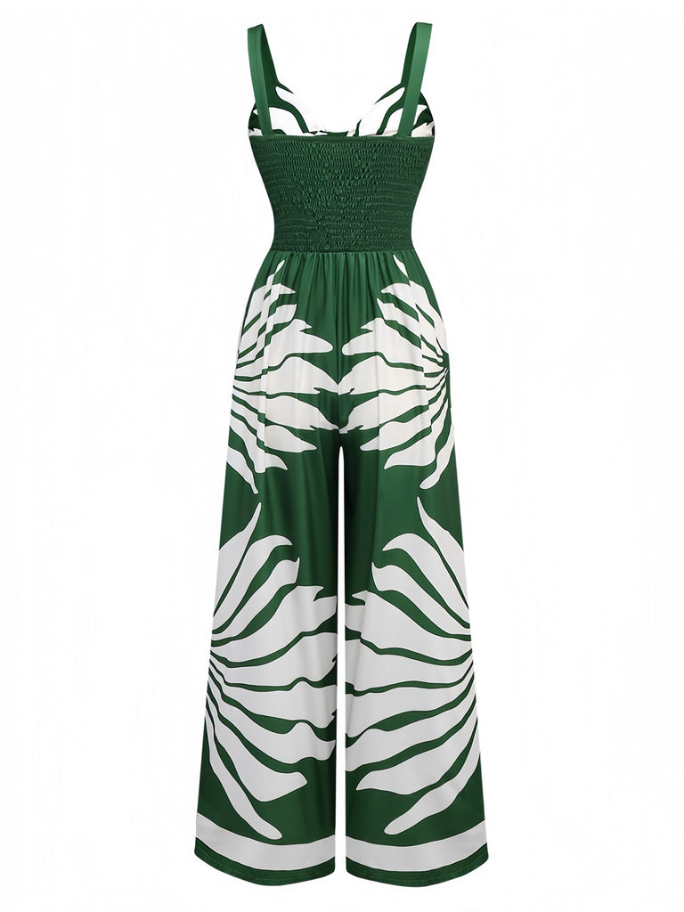 1930s Wide-Strap Hollow Twist Smocked Floral Jumpsuit