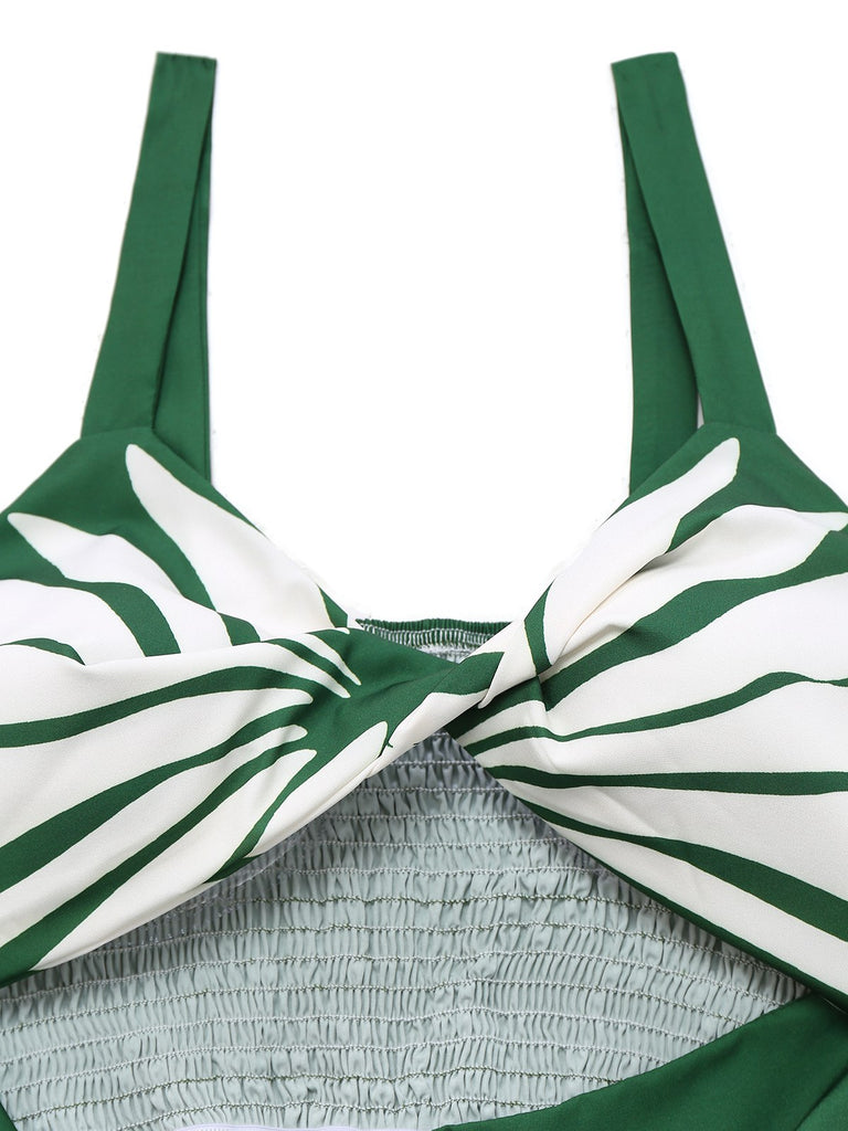 1930s Wide-Strap Hollow Twist Smocked Floral Jumpsuit