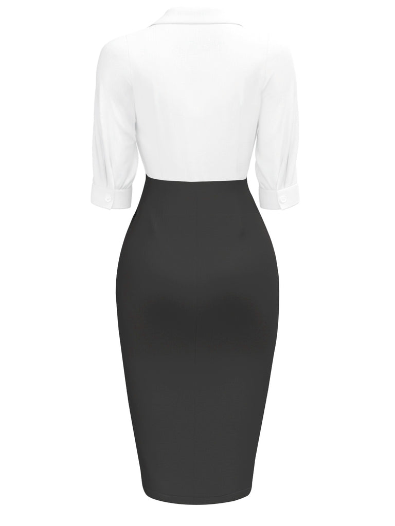 White & Black 1960s Notched Collar Ruched Bodycon Dress