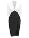 White & Black 1960s Notched Collar Ruched Bodycon Dress