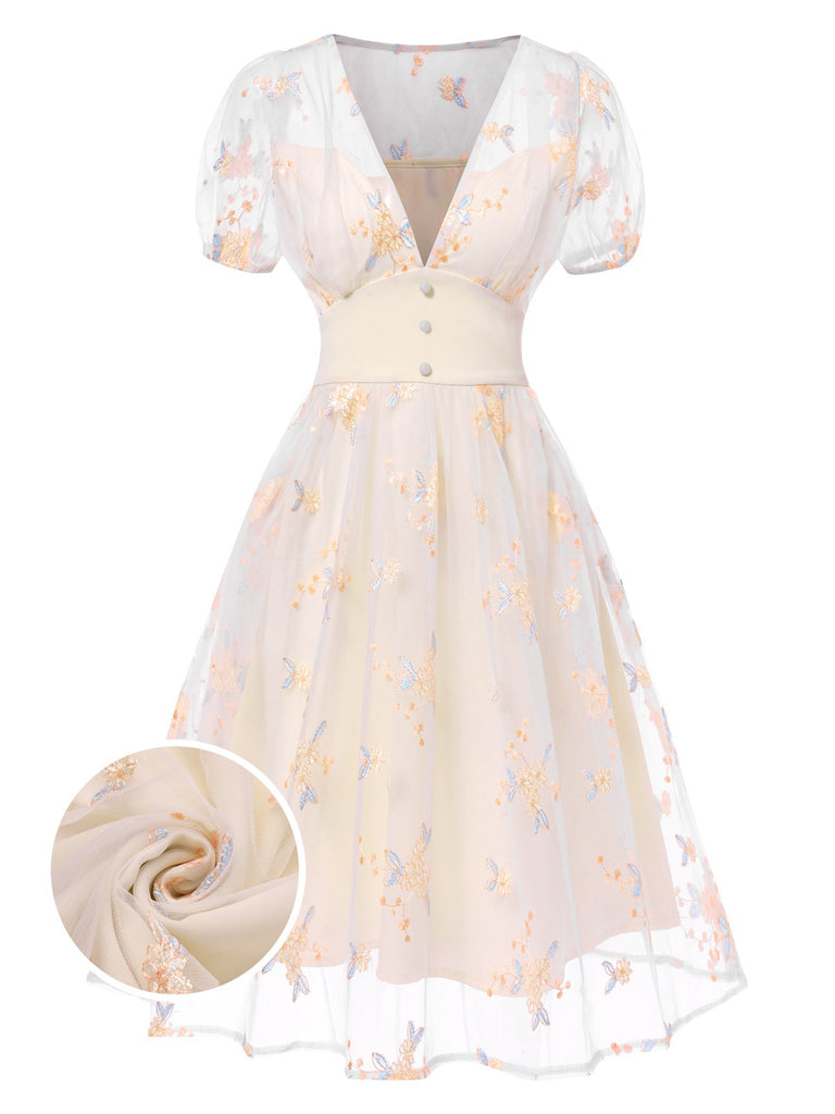 White 1950s Deep V-Neck Embroidered Floral Dress