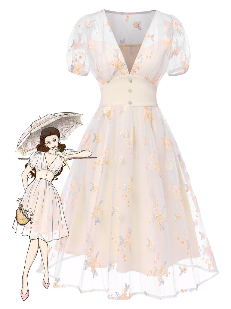 White 1950s Deep V-Neck Embroidered Floral Dress