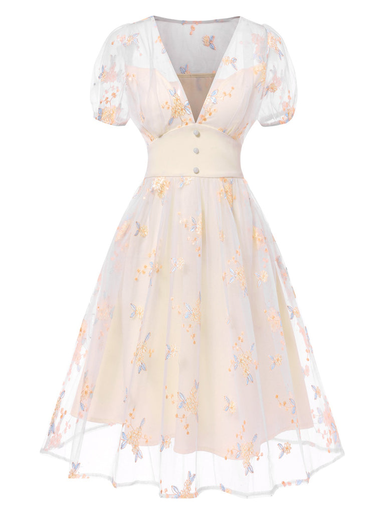 White 1950s Deep V-Neck Embroidered Floral Dress
