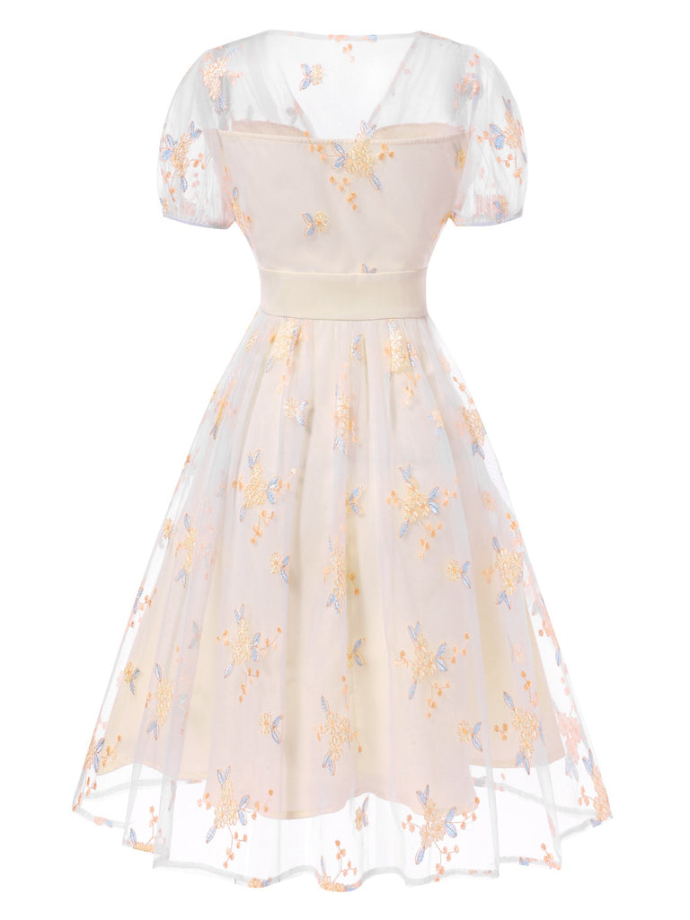 White 1950s Deep V-Neck Embroidered Floral Dress