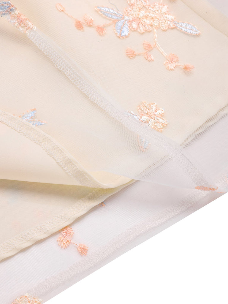 White 1950s Deep V-Neck Embroidered Floral Dress