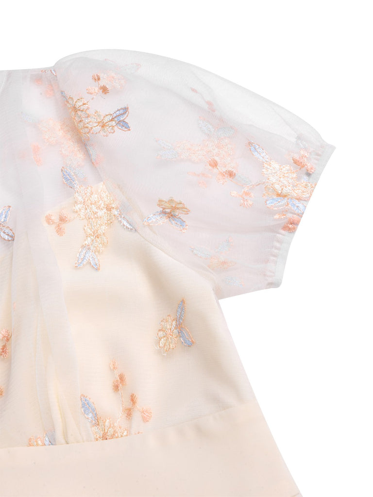 White 1950s Deep V-Neck Embroidered Floral Dress