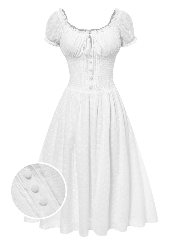White 1940s Solid Cotton Embroidered Lace Dress