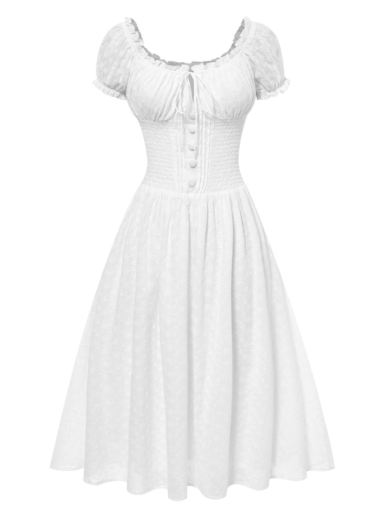 White 1940s Solid Cotton Embroidered Lace Dress