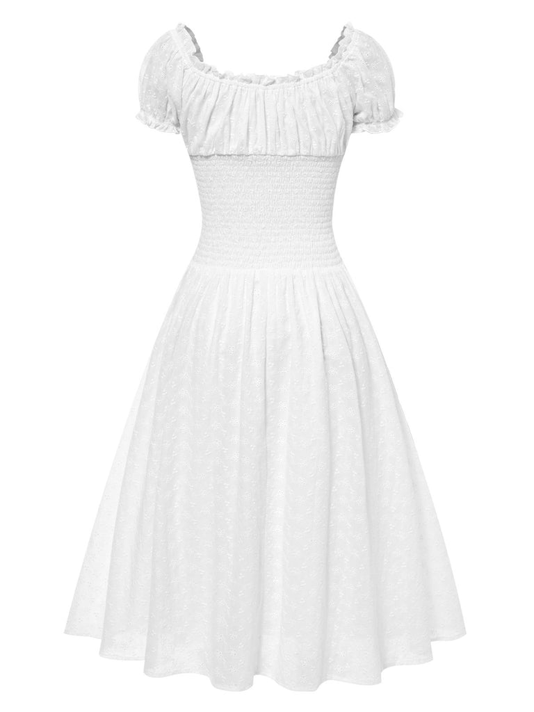 White 1940s Solid Cotton Embroidered Lace Dress