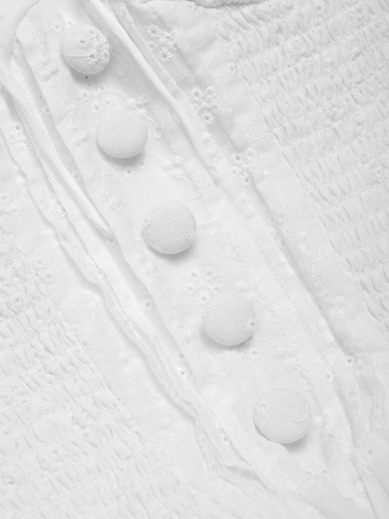 White 1940s Solid Cotton Embroidered Lace Dress