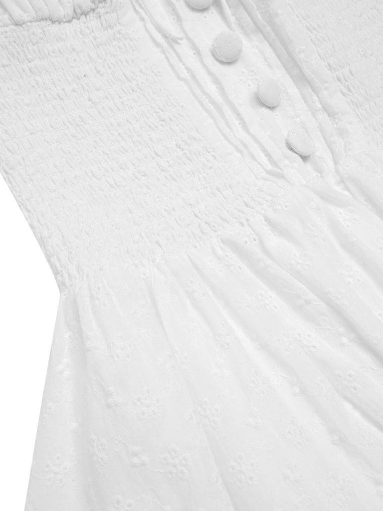 White 1940s Solid Cotton Embroidered Lace Dress
