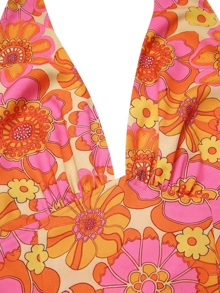 2PCS 1960s Floral Halter Top & Solid Skirt