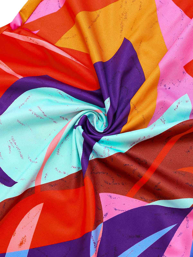 Red 1930s Tropical Belted Deep V Straps Jumpsuit