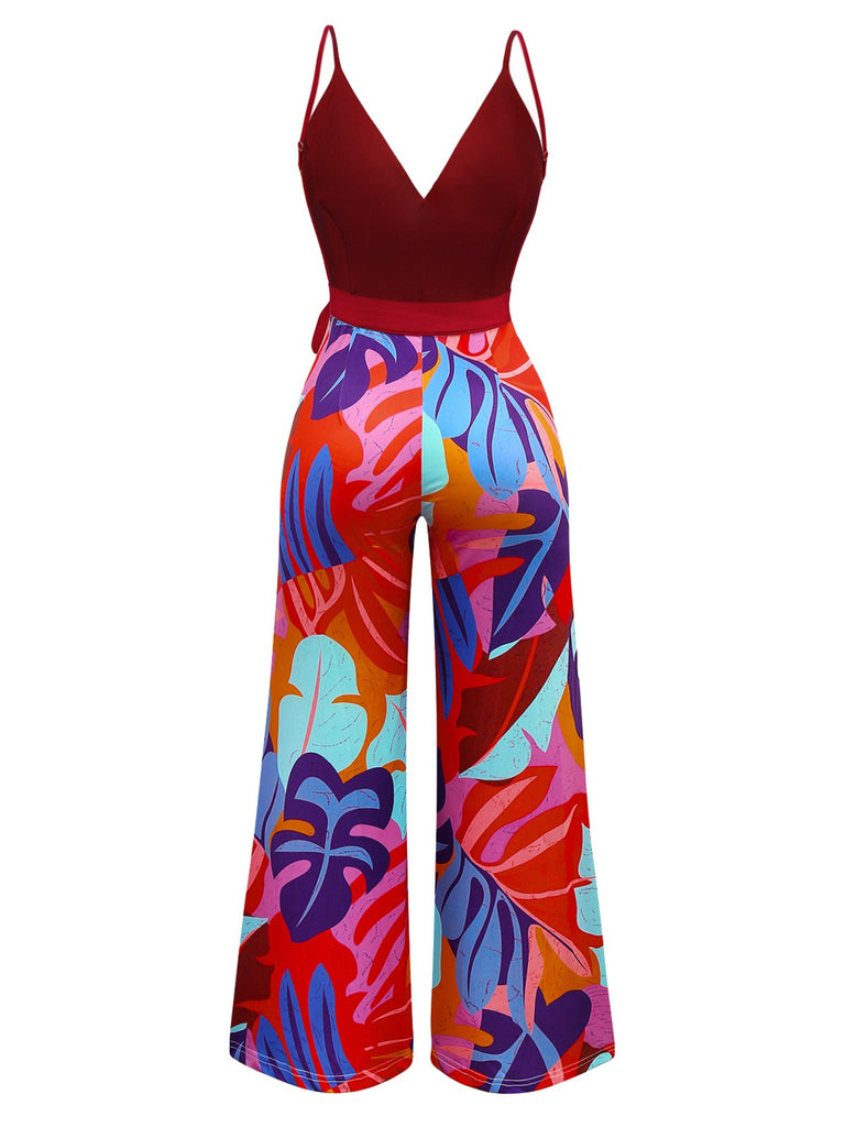 Red 1930s Tropical Belted Deep V Straps Jumpsuit