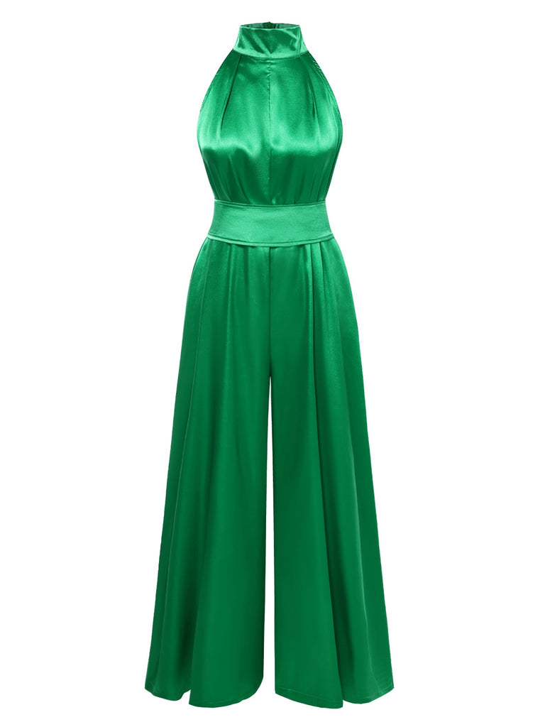 Green 1930s Satin Stand Collar Wideleg Jumpsuit