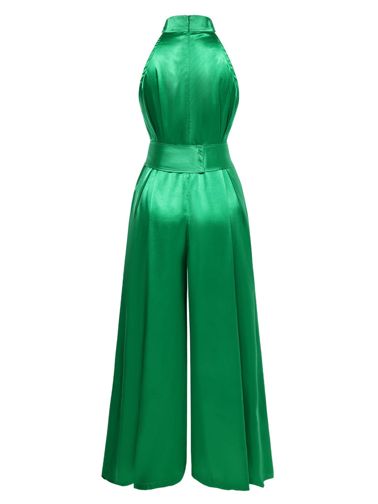 Green 1930s Satin Stand Collar Wideleg Jumpsuit