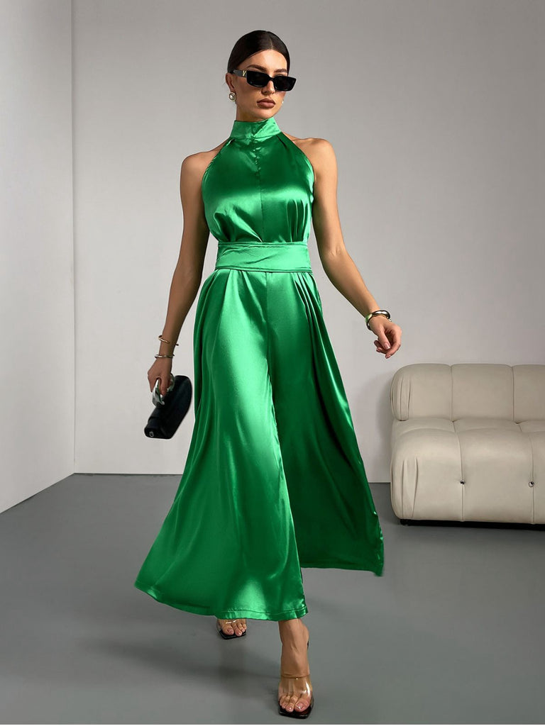 Green 1930s Satin Stand Collar Wideleg Jumpsuit