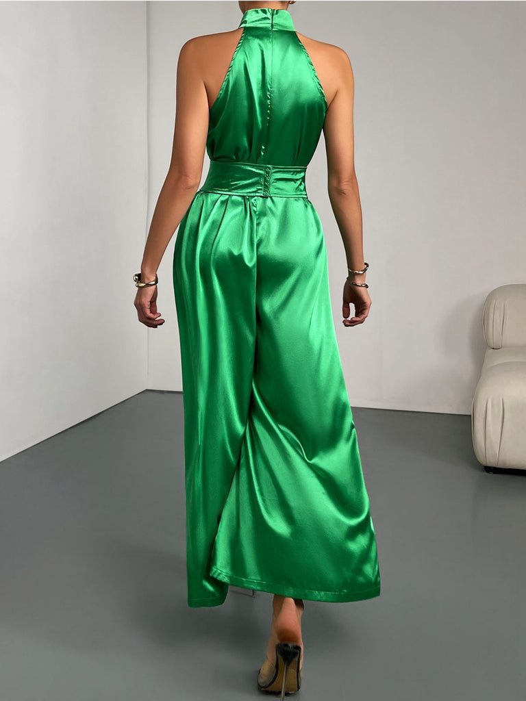 Green 1930s Satin Stand Collar Wideleg Jumpsuit