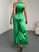 Green 1930s Satin Stand Collar Wideleg Jumpsuit