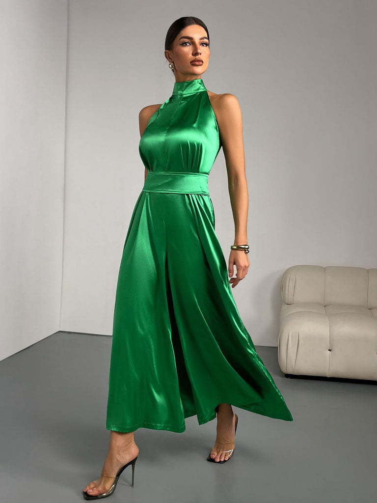 Green 1930s Satin Stand Collar Wideleg Jumpsuit
