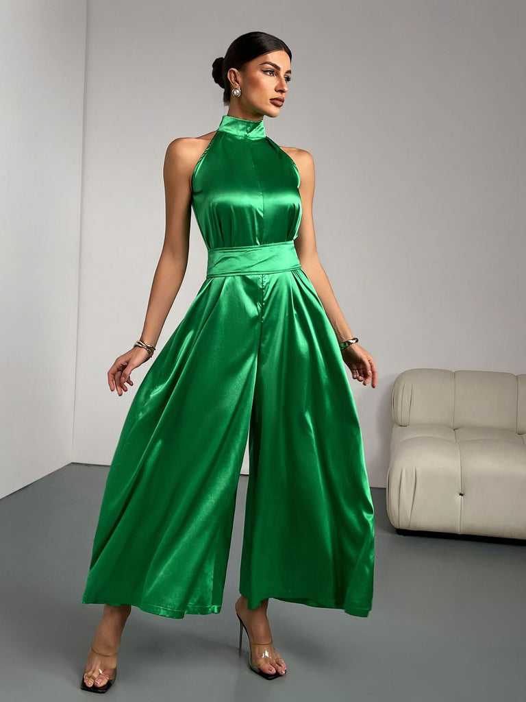 Green 1930s Satin Stand Collar Wideleg Jumpsuit