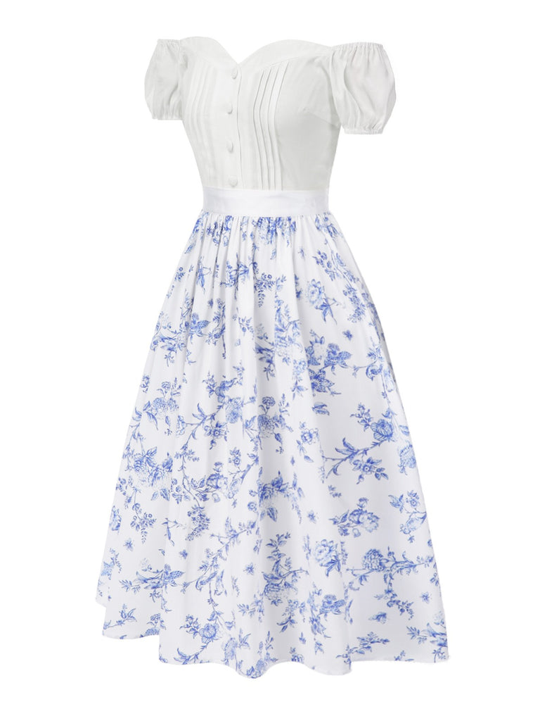 2PCS White 1950s Off-Shoulder Puff Top & Floral Skirt