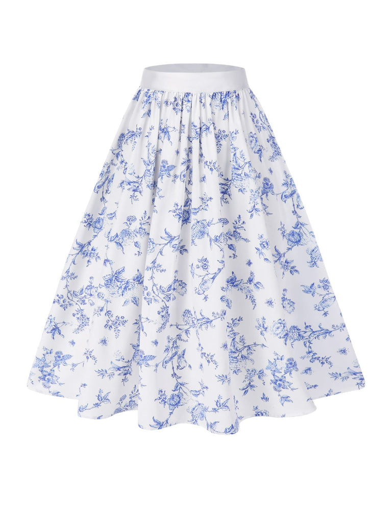 2PCS White 1950s Off-Shoulder Puff Top & Floral Skirt