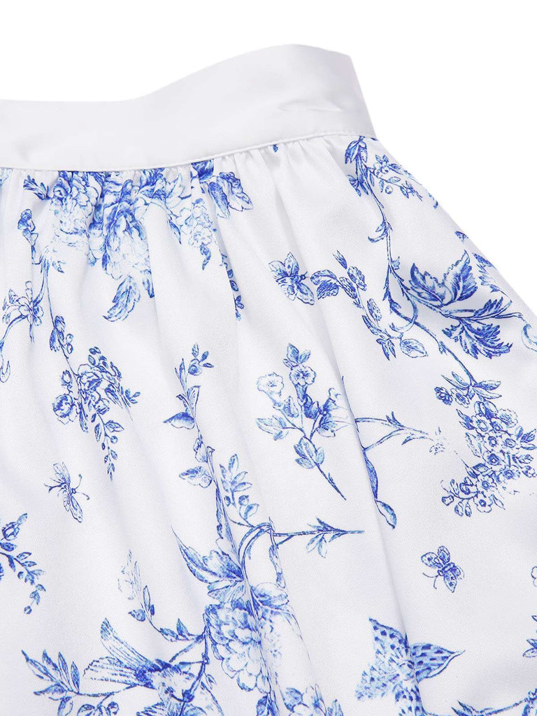 2PCS White 1950s Off-Shoulder Puff Top & Floral Skirt