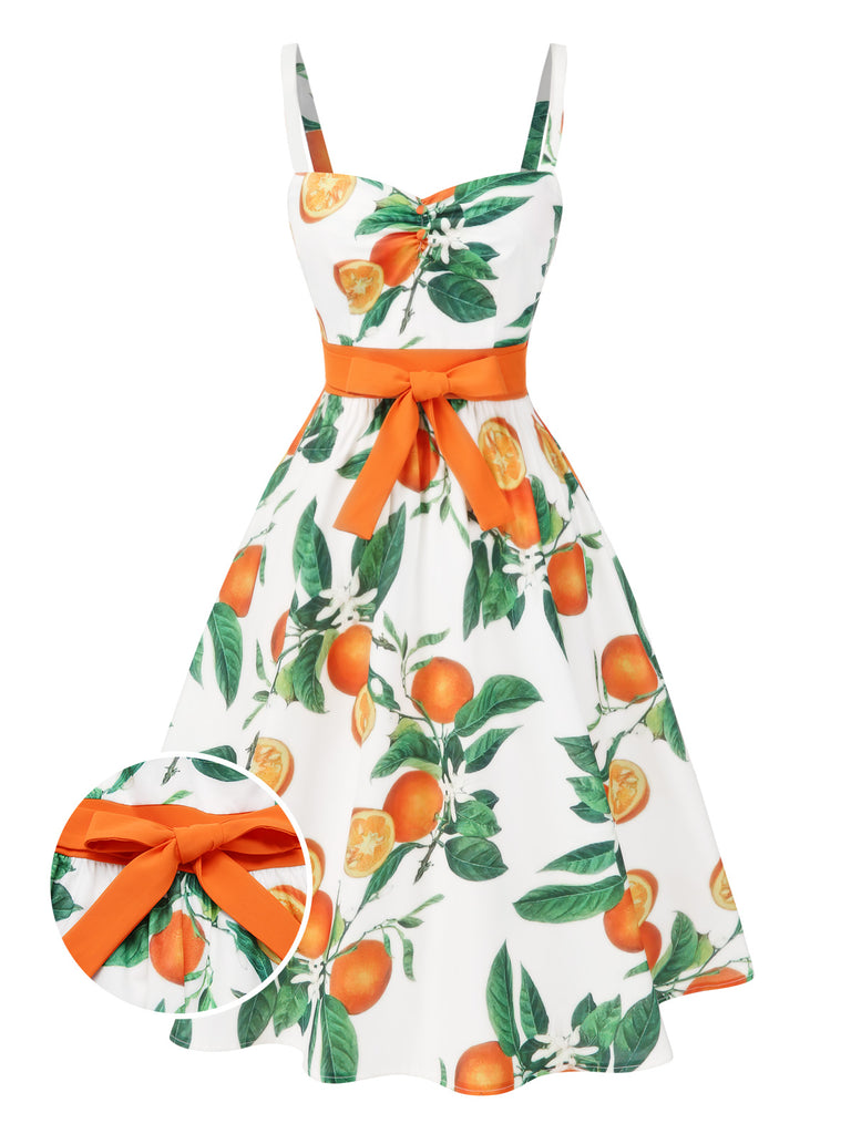1950s Orange Bow-Waist Strap Dress