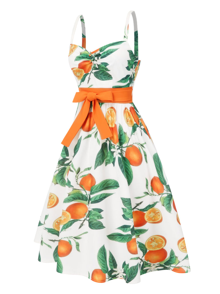 1950s Orange Bow-Waist Strap Dress