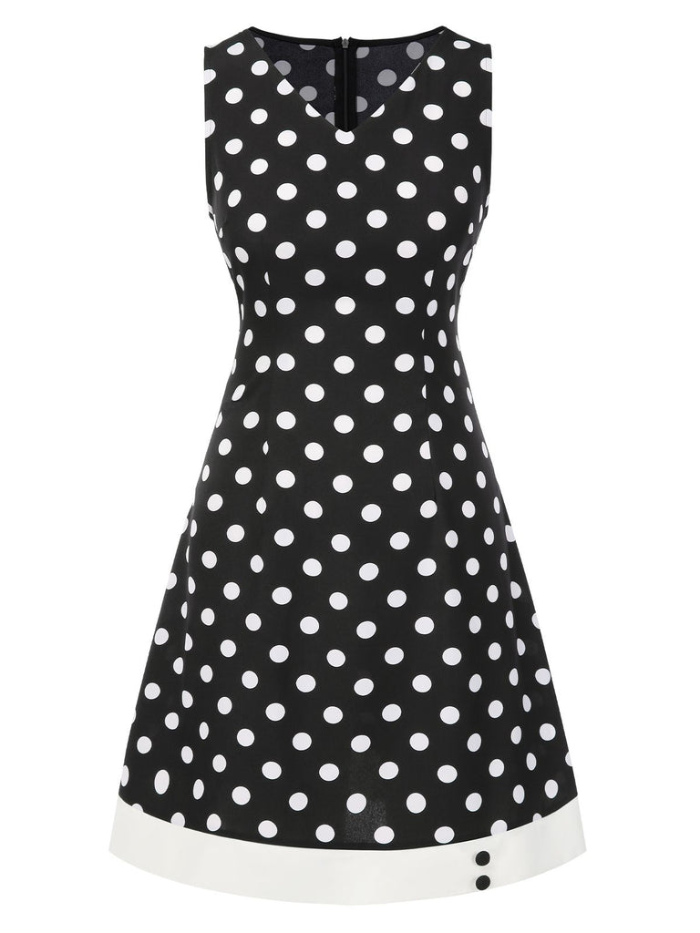 Black 1960s Polka Dot V-Neck Dress
