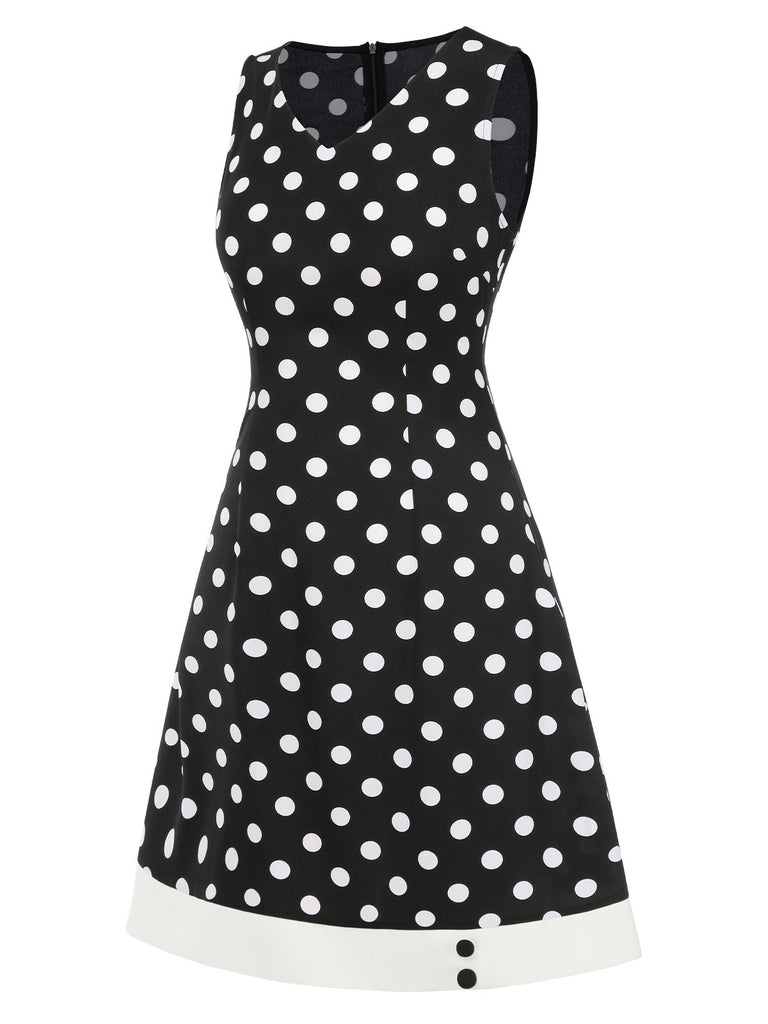 Black 1960s Polka Dot V-Neck Dress