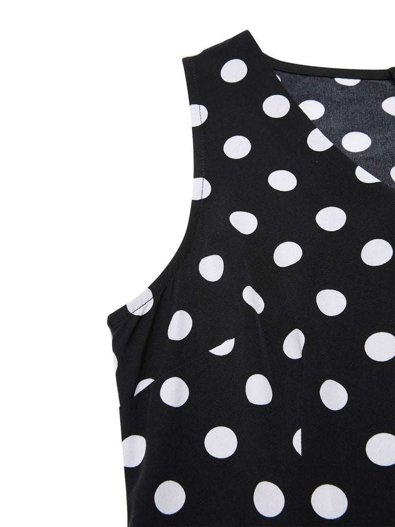 Black 1960s Polka Dot V-Neck Dress