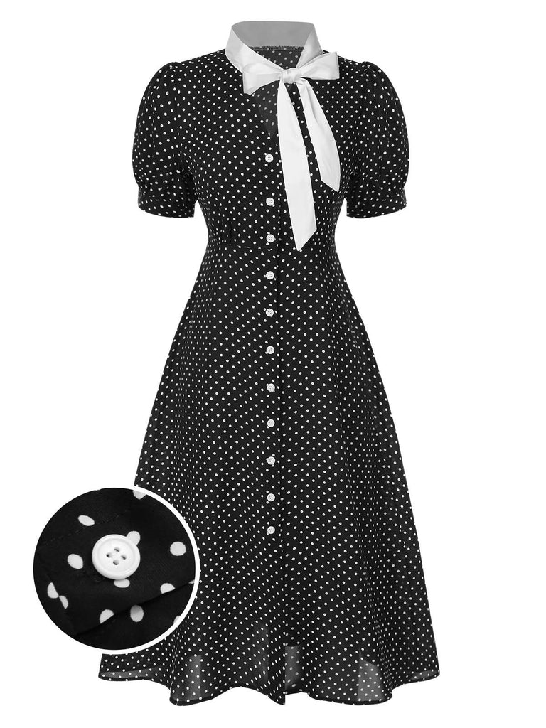 Black 1940s Polka Dots Tie Neck Dress