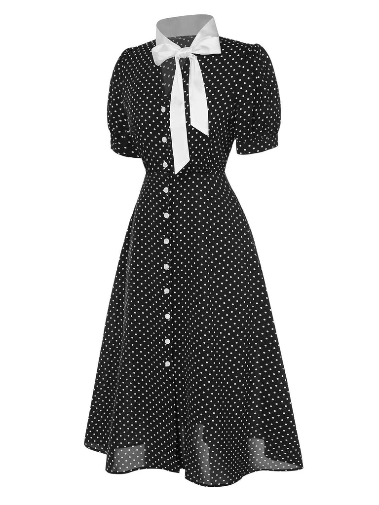 Black 1940s Polka Dots Tie Neck Dress