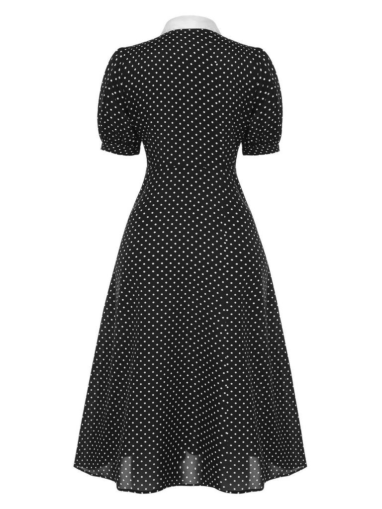 Black 1940s Polka Dots Tie Neck Dress