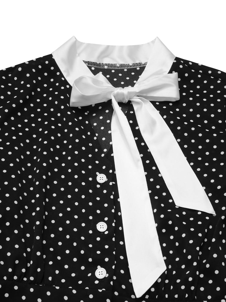 Black 1940s Polka Dots Tie Neck Dress