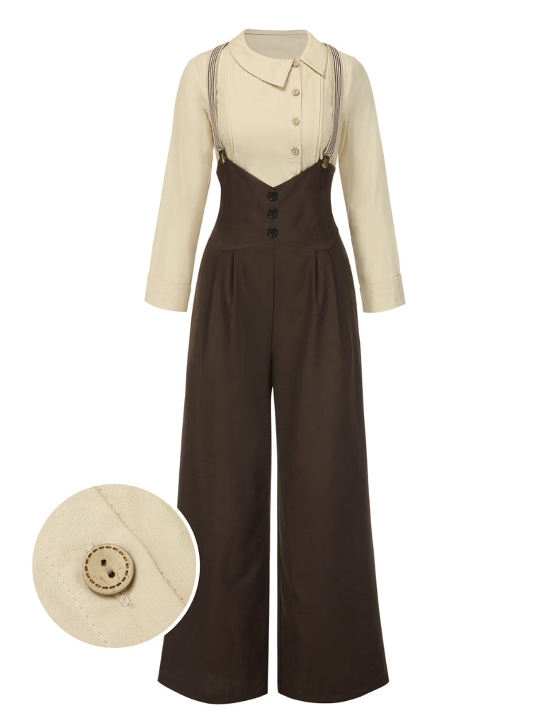 2PCS 1930s Cotton Solid Blouse & Suspender Pants