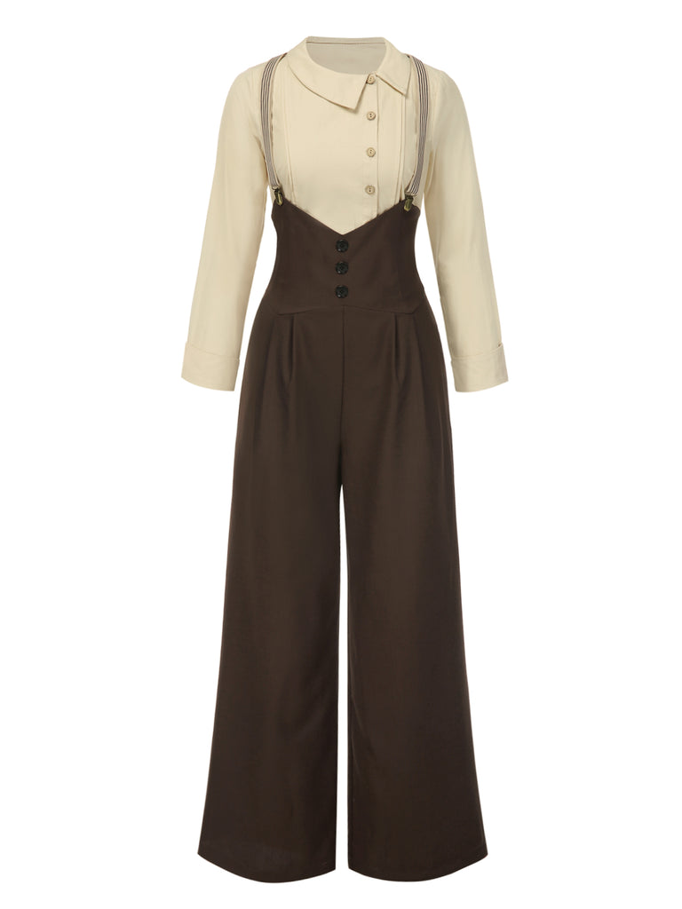 2PCS 1930s Cotton Solid Blouse & Suspender Pants