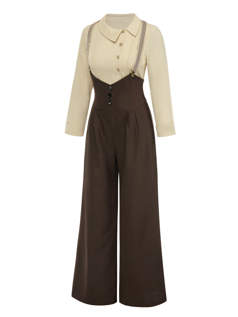 2PCS 1930s Cotton Solid Blouse & Suspender Pants